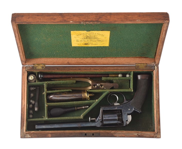 (A) CASED DEANE ADAMS & DEANE DOUBLE ACTION PERCUSSION REVOLVER.