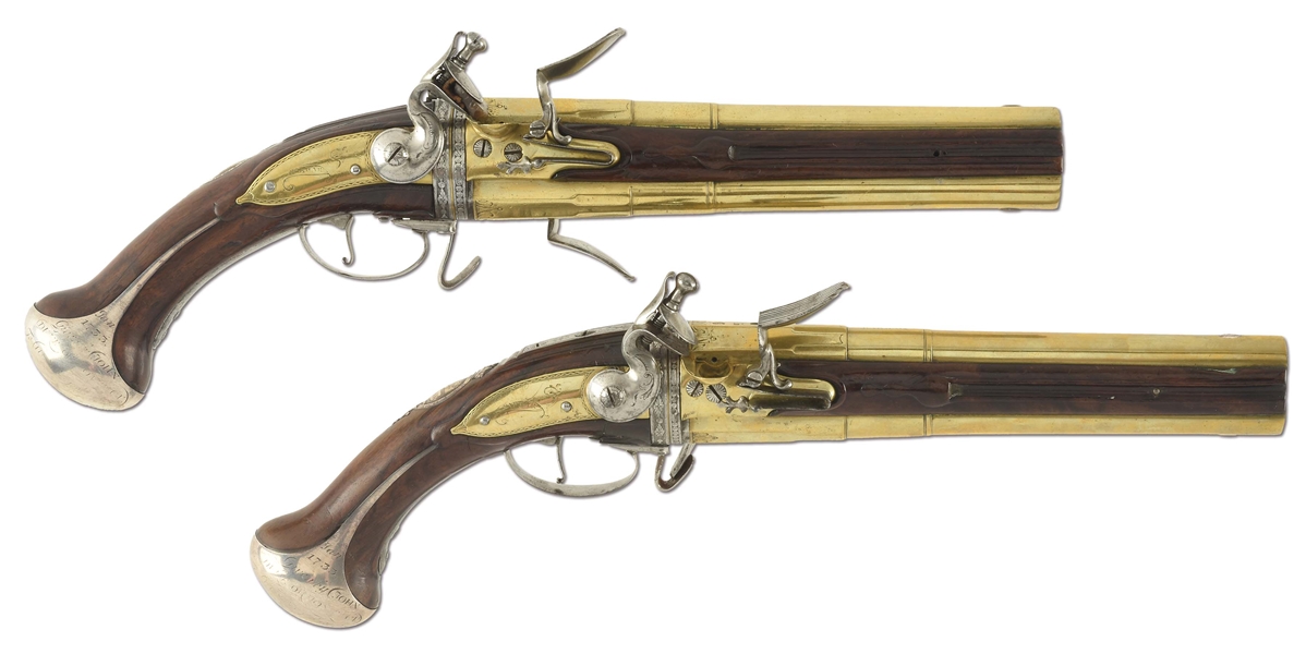 (A) SPLENDID & EXTREMELY RARE PAIR OF BRASS DOUBLE BARRELED TURNOVER FLINTLOCK PISTOLS BY THE RENOWNED EARLY 18TH CENTURY MAKER LOUIS BARBAR (1700-1714).