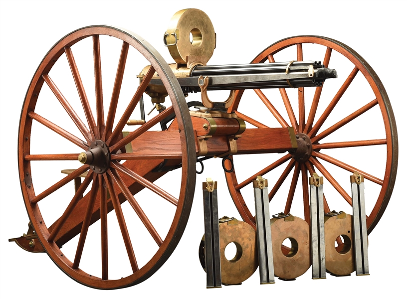 (M) THUNDER VALLEY REPRODUCTION COLT MODEL 1874 GATLING BATTERY GUN ON CARRIAGE WITH STAND AND OTHER ACCESSORIES