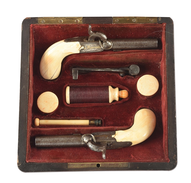 (A) CASED SET OF IVORY STOCKED GOLD & SILVER INLAID FRENCH FOLDING PERCUSSION PISTOLS BY SALLES A MARSAILLES (1835-1870).