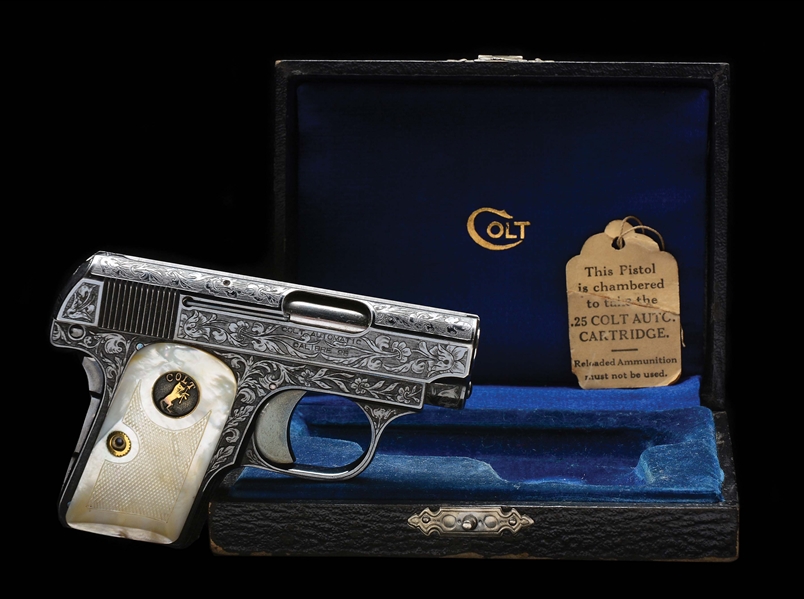 (C) EXTRAORDINARY CASED COLT MODEL 1908 .25 ACP AUTOMATIC PISTOL MASTERFULLY ENGRAVED AND SIGNED BY WILLIAM H. GOUGH.