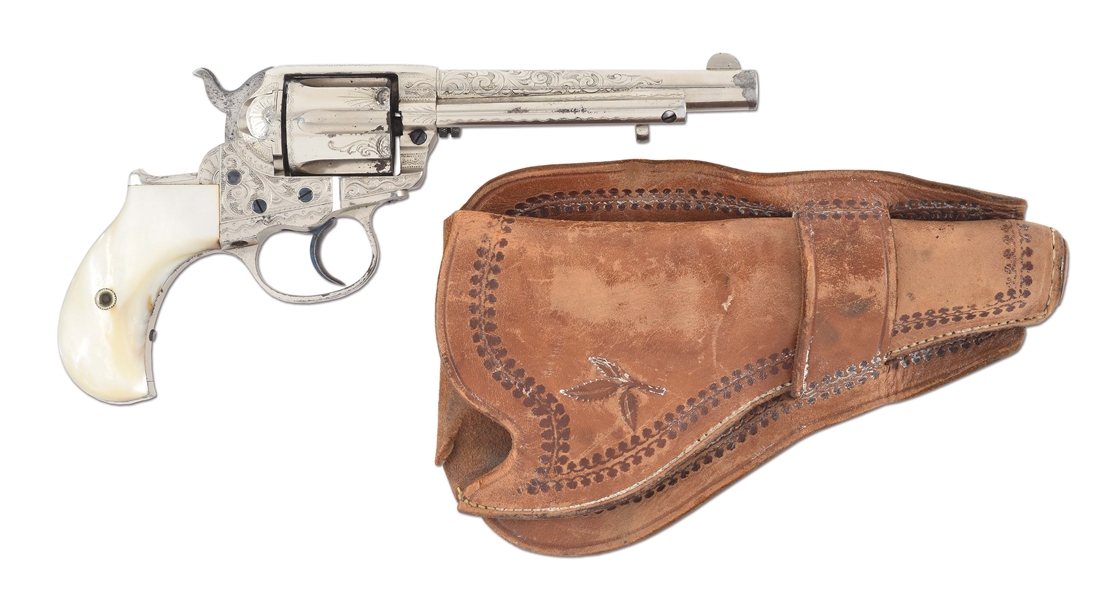 (A) DOCUMENTED FACTORY ENGRAVED TEXAS SHIPPED COLT 1877 THUNDERER DOUBLE ACTION REVOLVER WITH TOOLED HOLSTER.