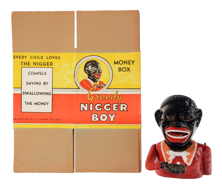 CAST IRON GREEDY "N" MECHANICAL BANK WITH BOX.