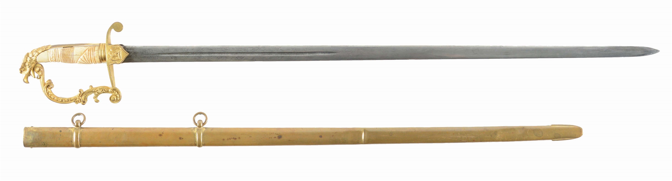 A GOOD AMERICAN EAGLE HILT OFFICERS SWORD WITH ELABORATE CARVED AND CHECKERED BONE GRIP, CIRCA 1840.