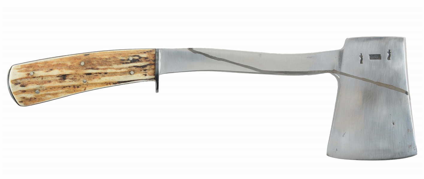 WILLIAM SCAGEL CAMP AXE WITH STAG HANDLE.