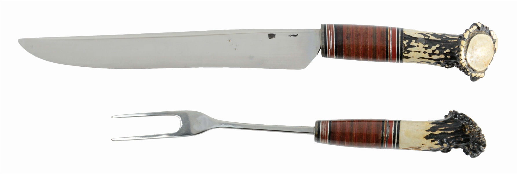 RARE AND DESIRABLE BILL SCAGEL TWO-PIECE CROWN STAG CARVING SET.
