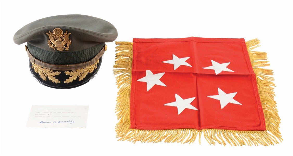 LOT OF 3: ACE FLIGHT CAP, GENERAL OF THE ARMY STAFF CAR FLAG, AND A SIGNED CARD ATTRIBUTED TO OMAR N. BRADLEY.
