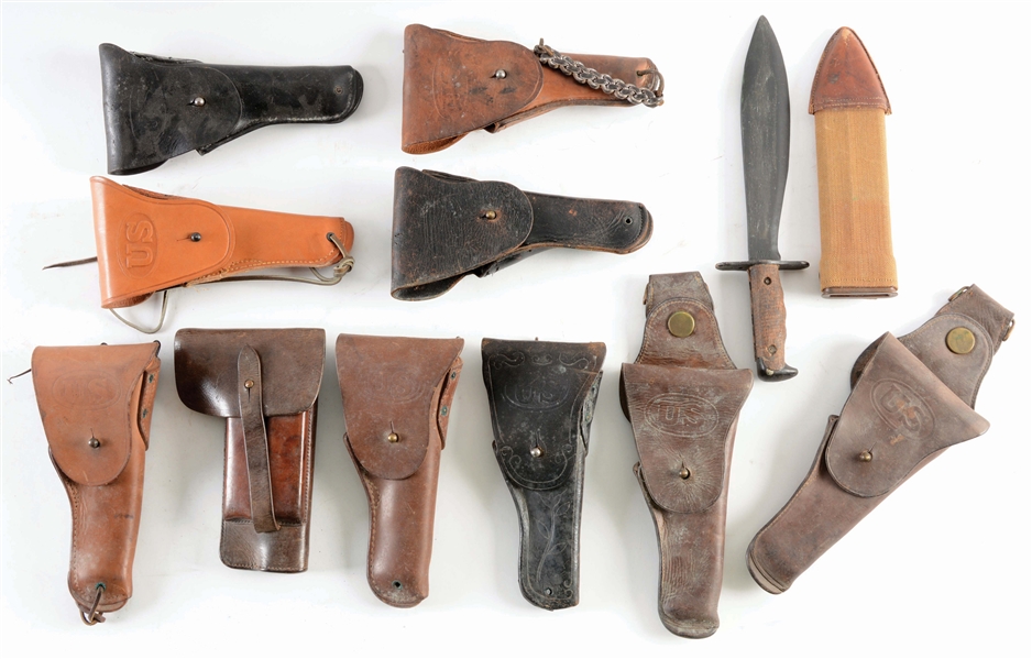 LOT OF 12: U.S. ARMY LEATHER HOLSTERS AND MODEL 1917 BOLO KNIFE.