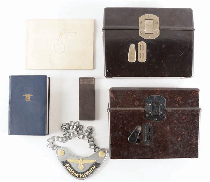 LOT OF 7: GERMAN WWII FELDGENDARMERIE GORGET, FIELD PHONES, BOOKS, AND PHOTO. 
