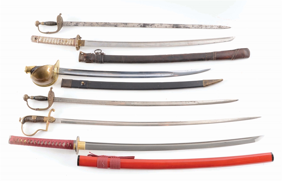 COLLECTORS LOT OF 6: SIX SWORDS INCLUDING A U.S. NAVAL CUTLASS, JAPANESE NCO SWORD, A VARIANT NAZI OFFICERS SWORD, AND TWO ETCHED BLADE 19TH CENTURY SPANISH SWORDS, AND A CHINESE SAMURAI SWORD.