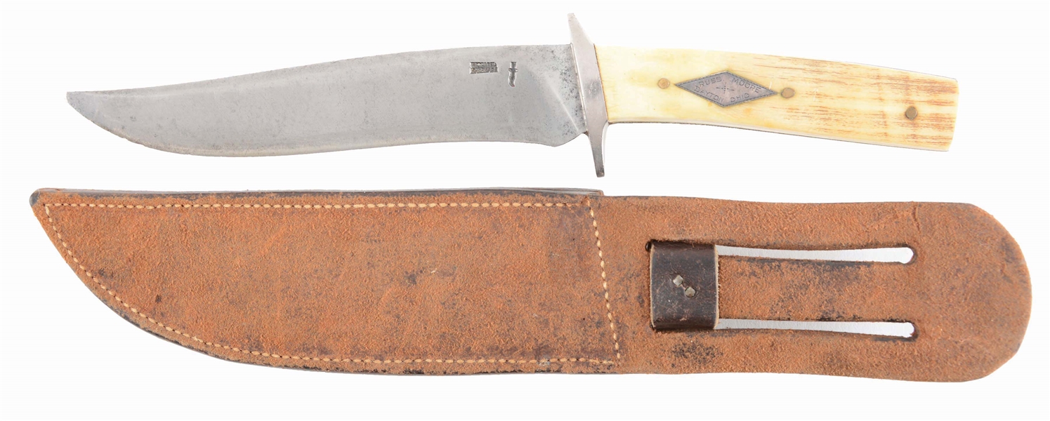 EXTREMELY RARE INSCRIBED SCAGEL BOWIE KNIFE WITH ULTRA-RARE IVORY SCALES AND ORIGINAL SHEATH.