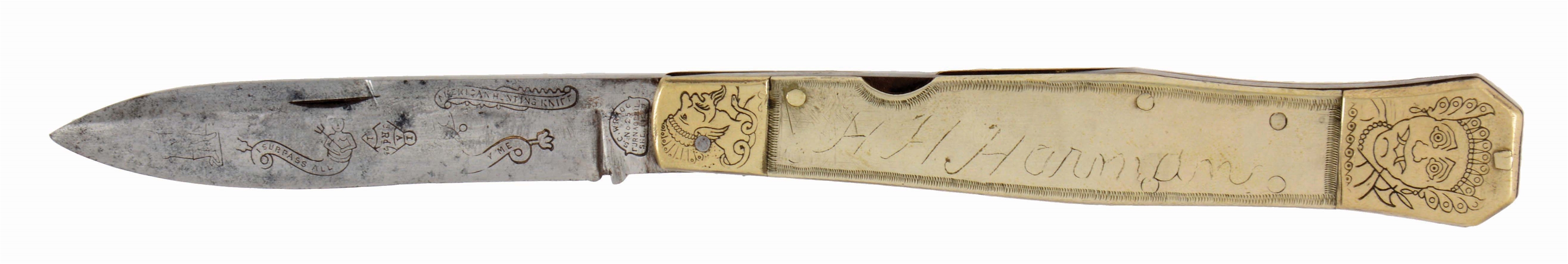 WRAGG FOLDING BOWIE KNIFE WITH PERSONALIZED SCALES.