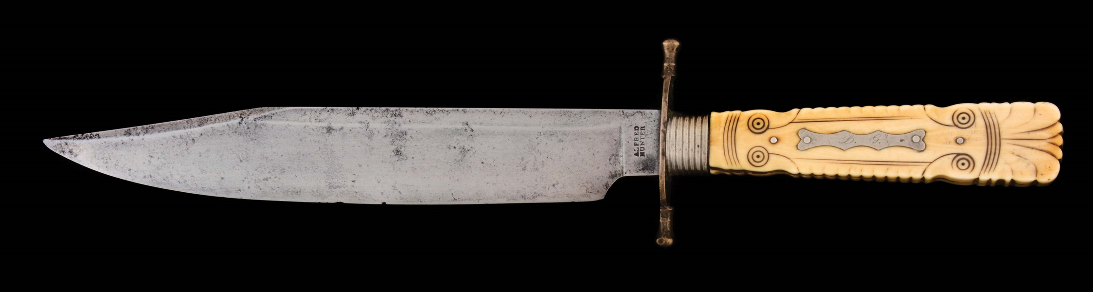 ALFRED HUNTER BOWIE WITH CARVED IVORY HANDLE.