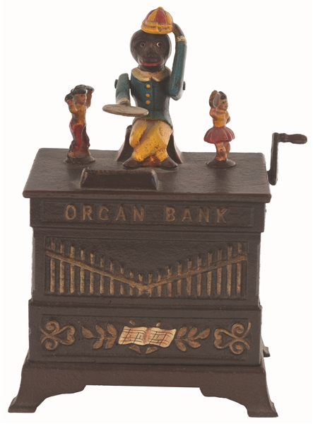ORGAN BANK, BOY & GIRL, CAST-IRON MECHANICAL BANK. 