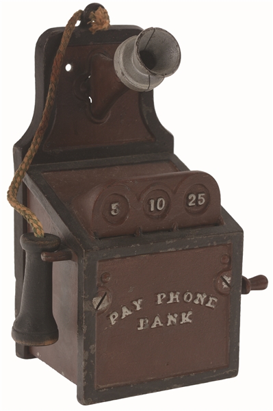 J. & E. STEVENS PAY PHONE CAST-IRON MECHANICAL BANK. 