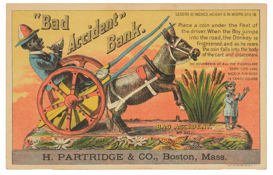 BAD ACCIDENT MECHANICAL BANK TRADE CARD.