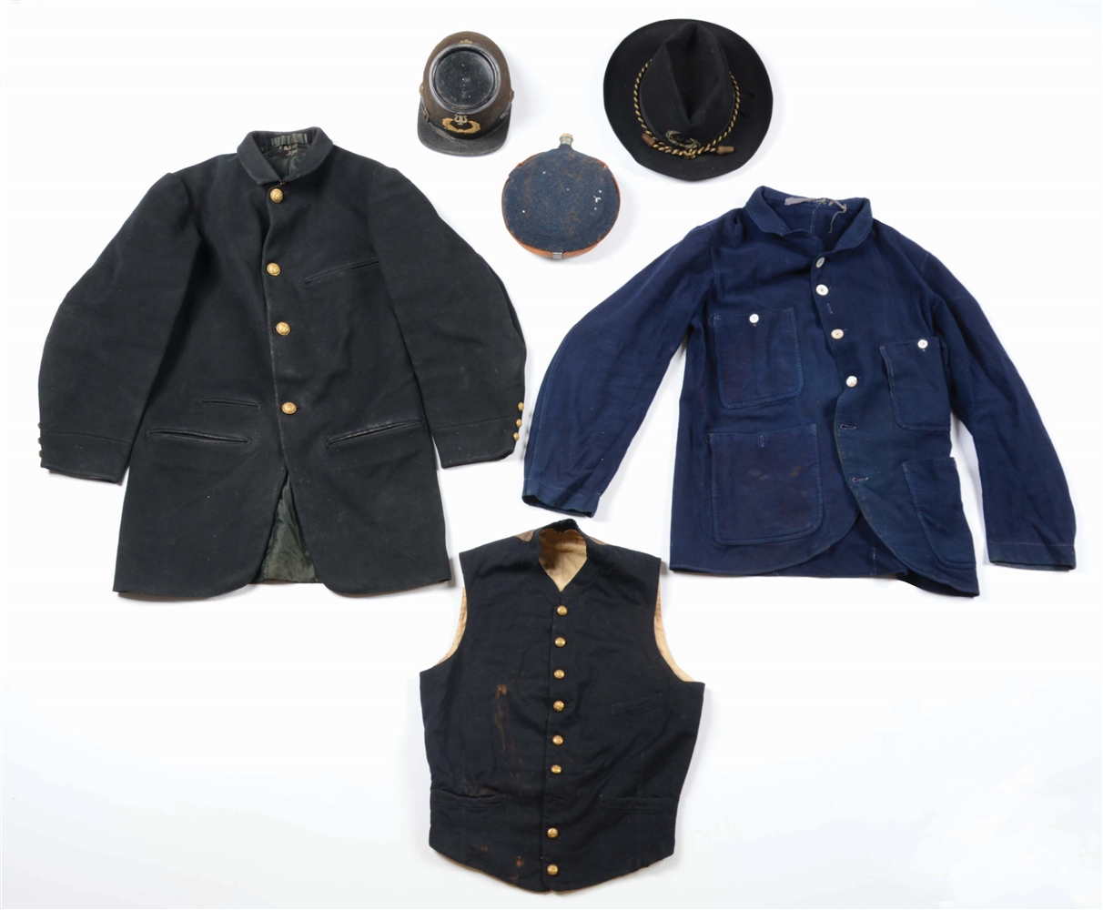 LOT OF 6: US 19TH CENTURY UNIFORM GROUP INCLUDING TWO HATS, CANTEEN, CAMP SHIRT, VEST, COAT.