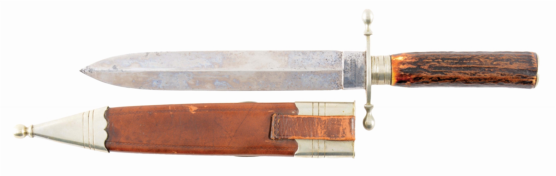 A FINE ENGLISH PRESENTATION SPEARPOINT BOWIE KNIFE PRESENTED TO JOHN HOOD 1880.