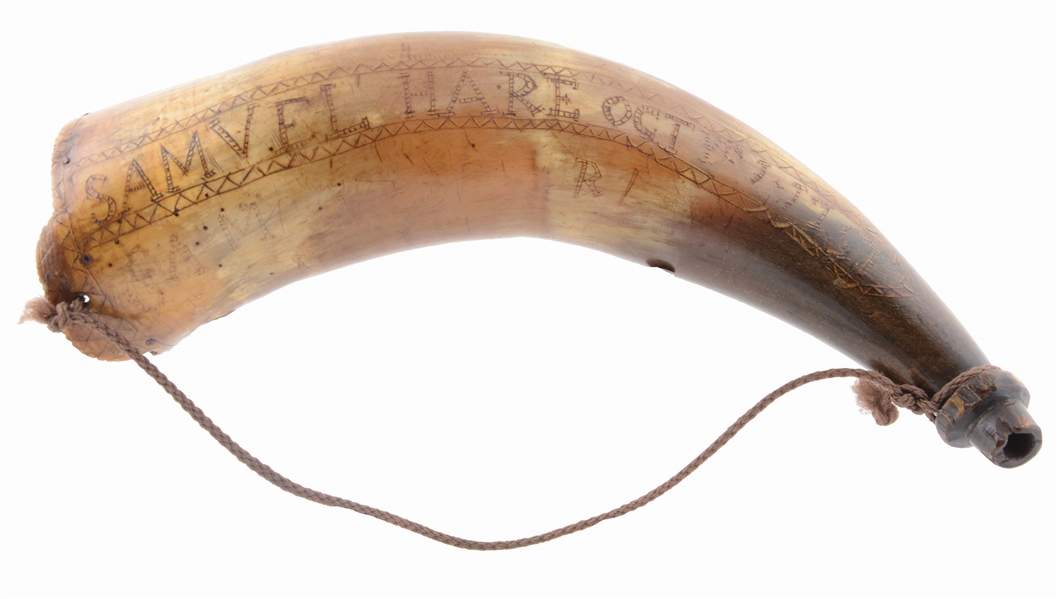ENGRAVED FRENCH AND INDIAN WAR POWDER HORN INSCRIBED "SAMUEL HARE 1757".
