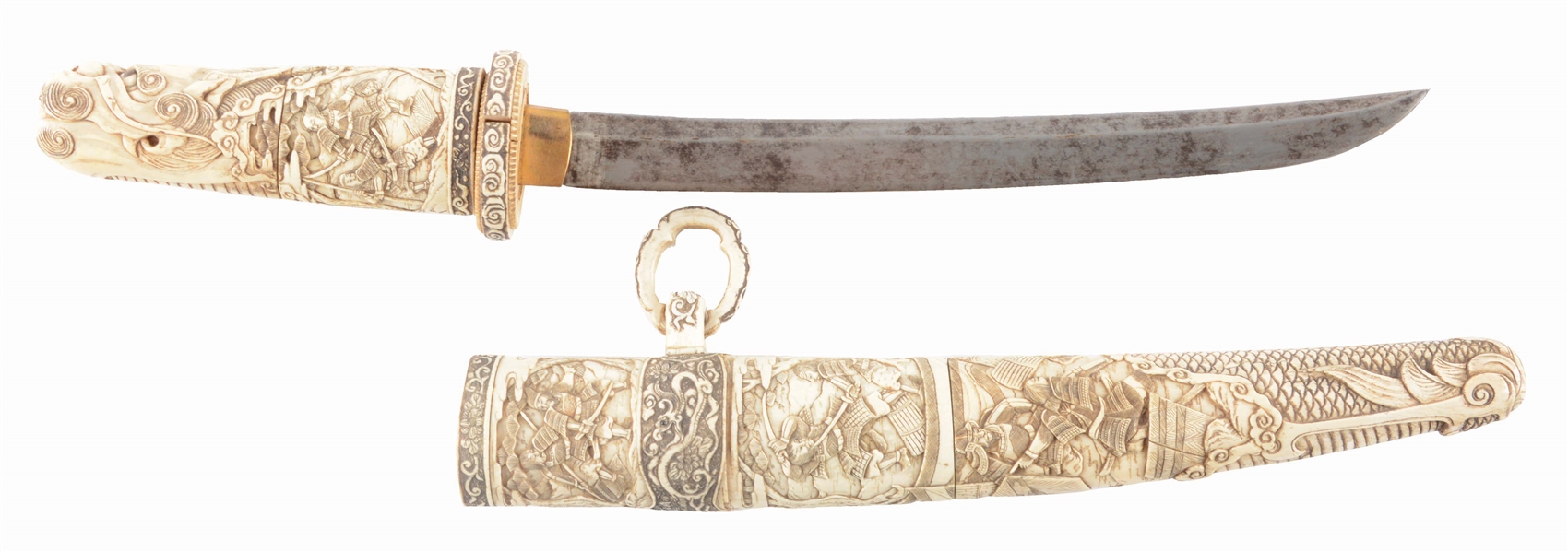 AN UNUSUALLY FINELY CARVED IVORY JAPANESE TANTO, CIRCA 1880.
