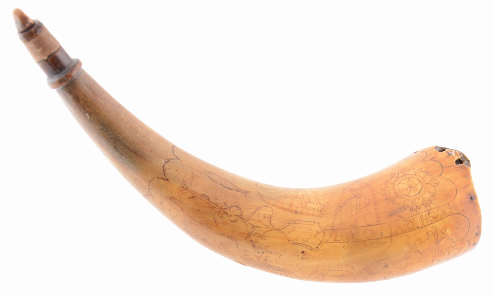 ENGRAVED FRENCH AND INDIAN WAR POWDER HORN INSCRIBED "LONDON DARY HIS HORN 1755"