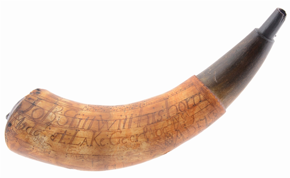 ENGRAVED LAKE GEORGE FRENCH AND INDIAN WAR POWDER HORN OF JOB STILLWILL, 1758, EX. WILLIAM H. GUTHMAN.