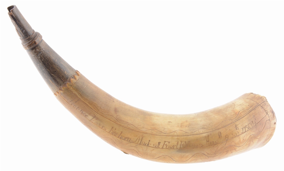 ENGRAVED FORT EDWARDS POWDER HORN OF HORACE POWERS, DATED 1756, EX. WILLIAM H. GUTHMAN COLLECTION.