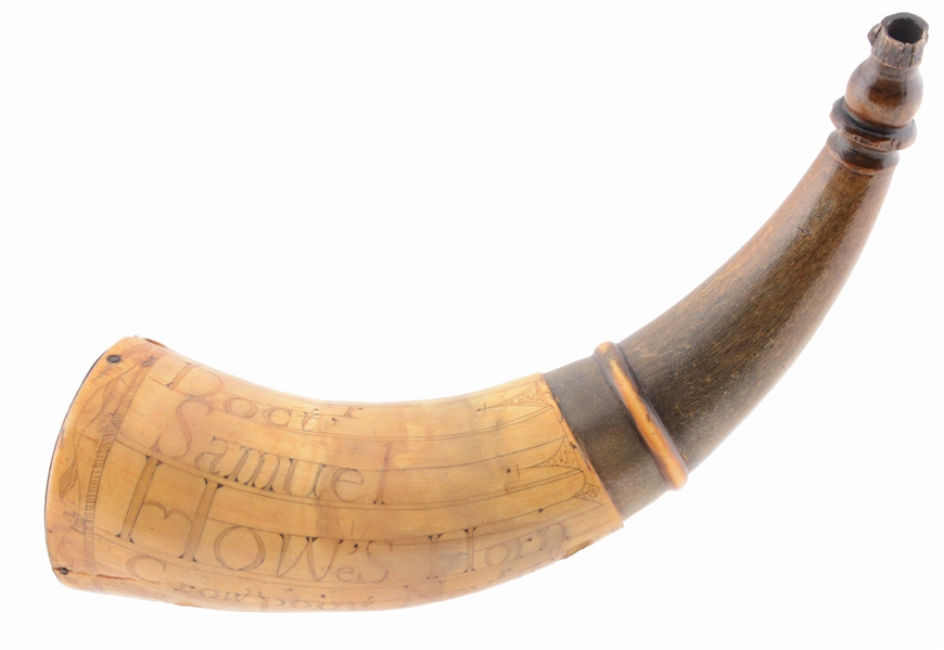 ENGRAVED FRENCH AND INDIAN WAR POWDER HORN OF DR. SAMUEL HOWE, CROWN POINT, 1759; EX. WILLIAM H. GUTHMAN.