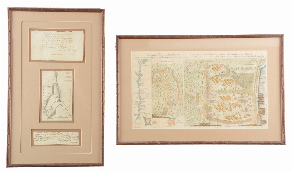 LOT OF TWO FRAMED FRENCH AND INDIAN WAR MAPS: BATTLE AT LAKE GEORGE AND COUNTRY BETWEEN CROWN POINT AND FORT EDWARD.
