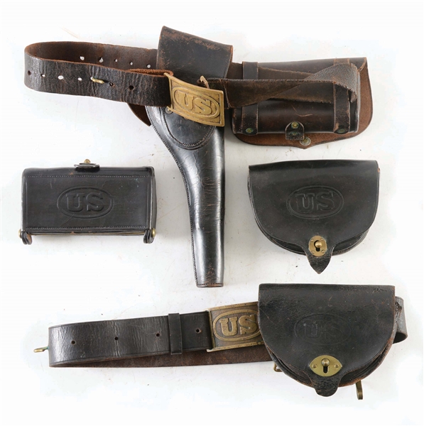 LOT OF 4: INDIAN WARS ERA BELTS, CARTRIDGE POUCHES AND HOLSTER.