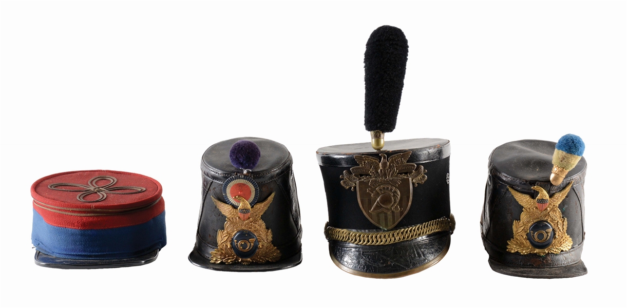 LOT OF 4: TWO FRENCH IMPORT CIVIL WAR SHAKOS, WEST POINT CADET SHAKO, AND FRENCH WW1 OFFICERS KEPI.
