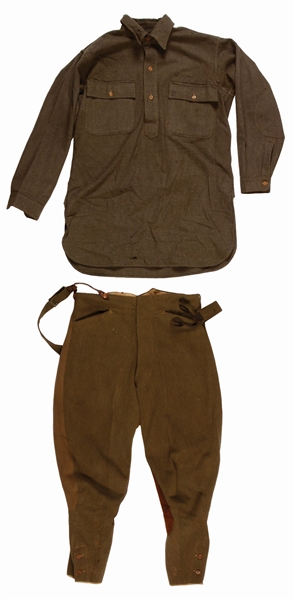LOT OF 5: THREE WORLD WAR I ERA CAVALRY UNIFORMS AND TWO MATCHING TROUSERS.