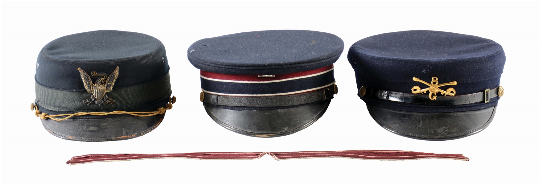 LOT OF 3: MODEL 1895 OFFICERS FORAGE CAP, MODEL 1895 ENLISTED CAVALRY FORAGE CAP, AND MODEL 1902 ENLISTED MEDICAL HAT.