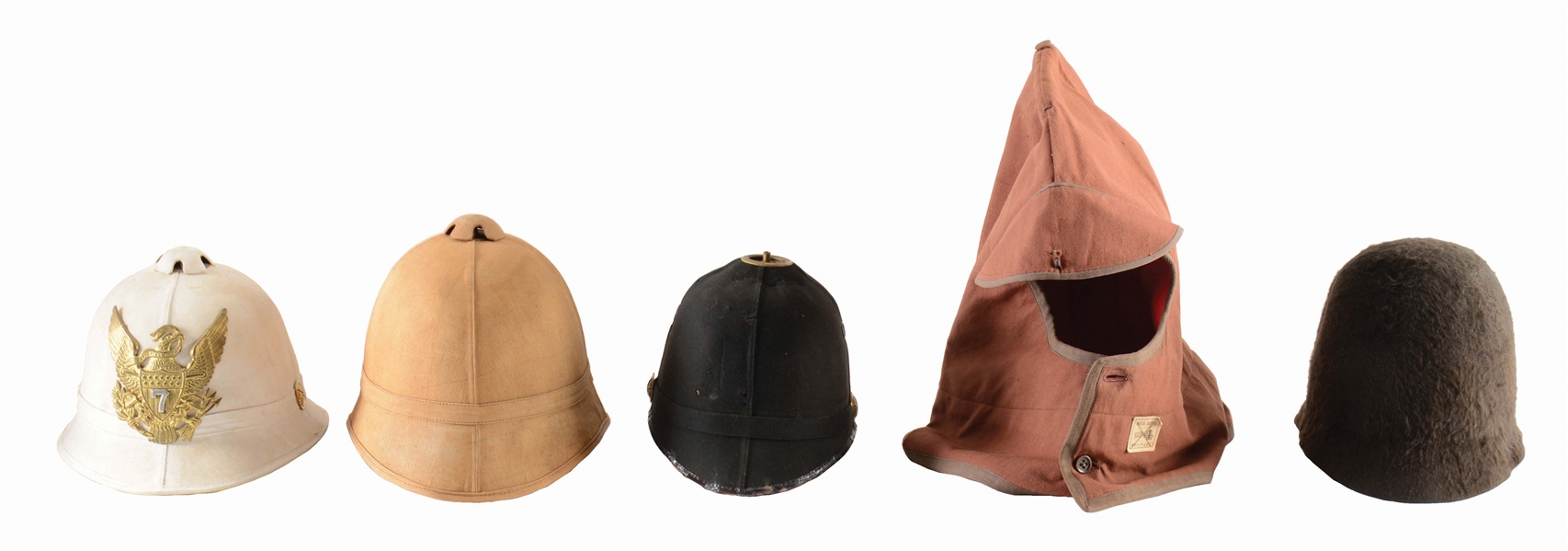 LOT OF 5: THREE INDIAN WARS PITH HELMETS, ONE WINTER HOOD, AND ONE FUNERAL HOOD.