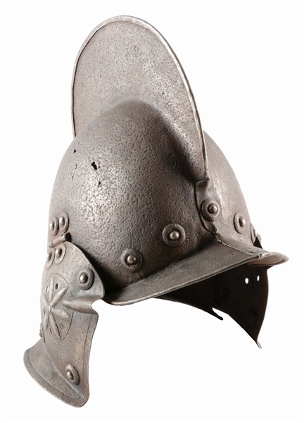 A 17TH CENTURY BURGONET IN THE FORM OF A STURMHALBE, MADE IN TWO PIECES WITH HIGH COMB. 