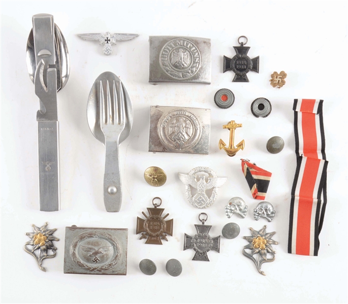 LOT OF 25: THIRD REICH PINS, MEDALS, BUCKLES, ETCETRA. 