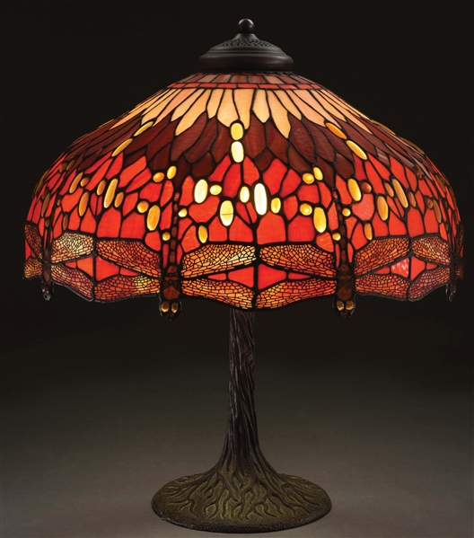 AMERICAN LEADED GLASS DRAGONFLY TABLE LAMP.