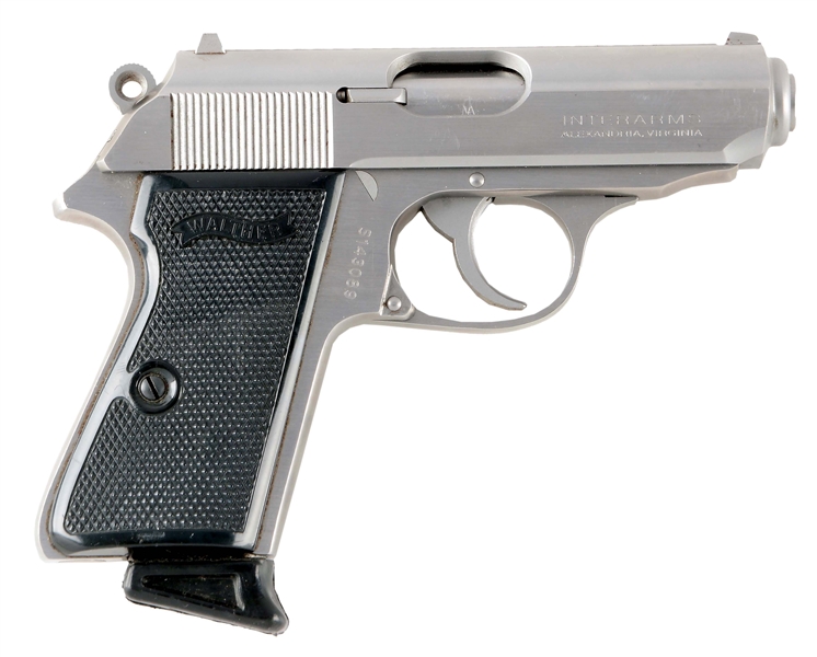 (M) CASED STAINLESS STEEL INTERARMS MODEL PPK/S SEMI-AUTOMATIC PISTOL.