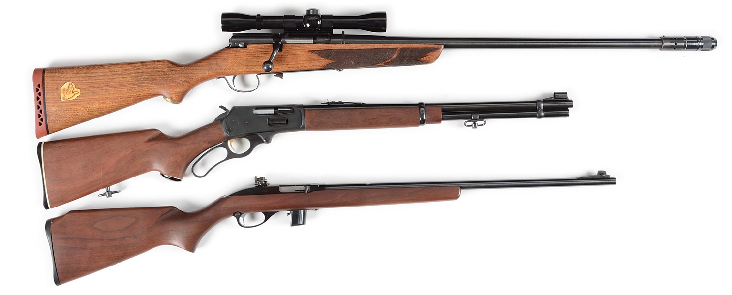(C+M) LOT OF 3: MARLIN GLENFIELD 50 BOLT ACTION SHOTGUN, MARLIN 336 RC LEVER ACTION RIFLE, AND MARLIN 989 SEMI-AUTOMATIC RIFLE.