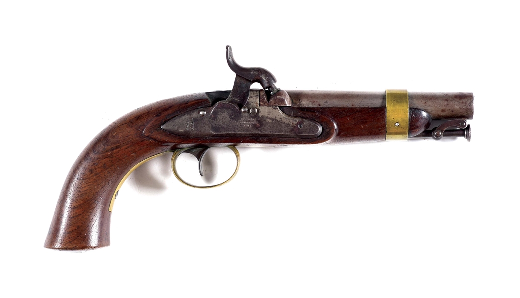 (A) SCARCE EARLY MODEL AMES 1842 USN BOXLOCK PERCUSSION PISTOL DATED 1842 WITH BEVELED EDGE LOCK.