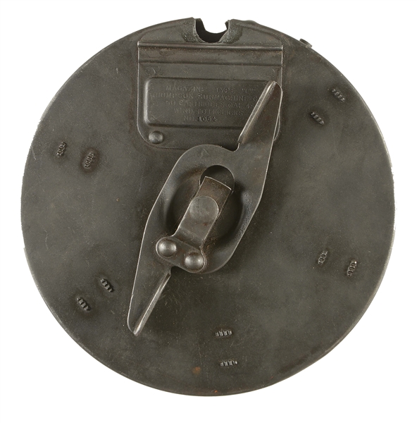 SCARCE ORIGINAL MATCHING NUMBERS NEW YORK COLT 1921 THOMPSON SUBMACHINE GUN "L" DRUM MAGAZINE. 