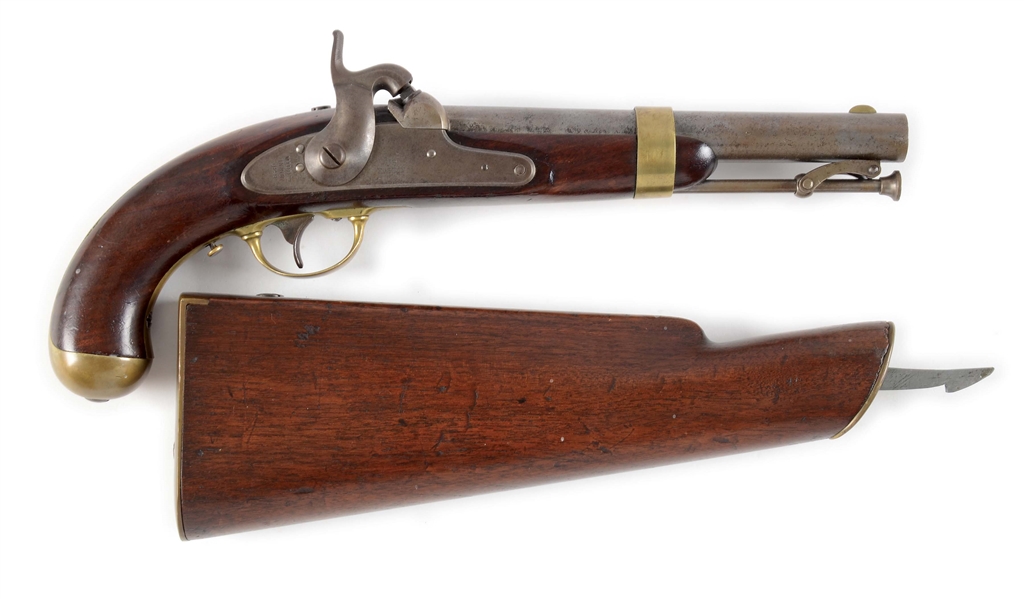 (A) US MODEL 1842 SINGLE SHOT PERCUSSION MARTIAL PISTOL WITH EXPERIMENTAL SHOULDER STOCK.