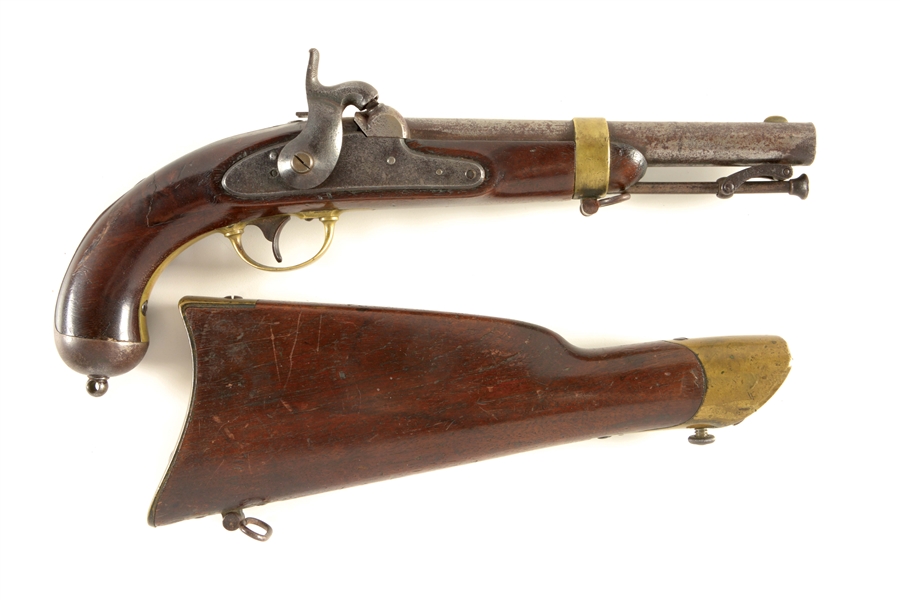 (A) US MODEL 1842 H. ASTON PERCUSSION SINGLE SHOT MARTIAL PISTOL WITH ADJUSTABLE REAR SIGHT AND DETACHABLE SHOULDER STOCK.