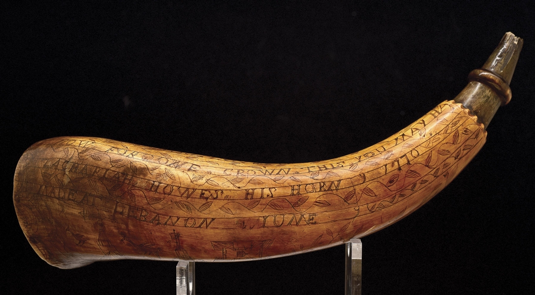 EXTREMELY UNIQUE AND IMPORTANT ENGRAVED FOLK ART POWDER HORN OF ZACHARIAH HOWES, DATED 1770. 