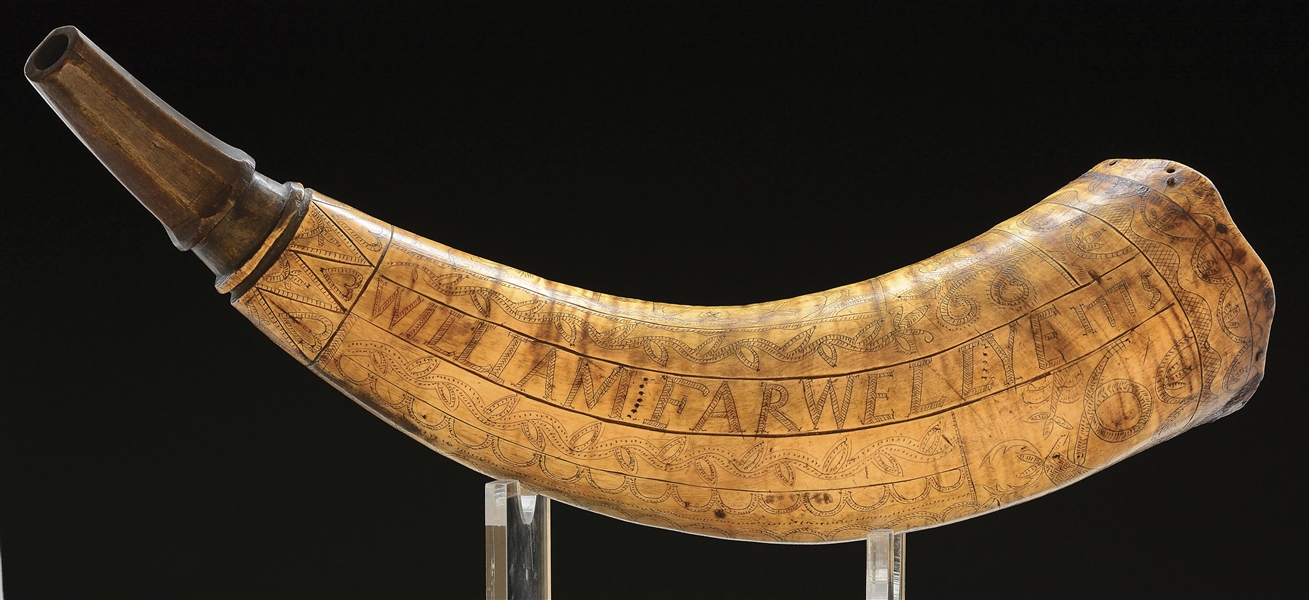 ENGRAVED POWDER HORN OF WILLIAM FARWELL, DATED 1775.