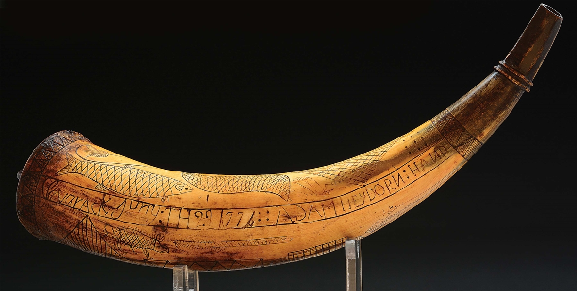 IMPORTANT GERMAN LOYALIST-MADE ENGRAVED POWDER HORN MADE BY ADAM HEYDORNE AND DATED 1776, CLAVARACK.