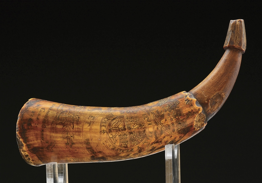 VERY IMPORTANT POINTED TREE CARVER ENGRAVED POWDER HORN DATED 1766 AND SIGNED "GRA JOHANNAS GERHART" 