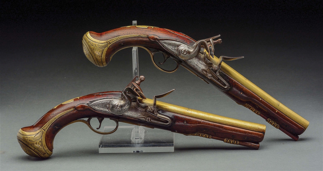 (A) PAIR OF FRENCH AND INDIAN WAR PERIOD BRASS BARRELED FLINTLOCK OFFICERS PISTOLS.