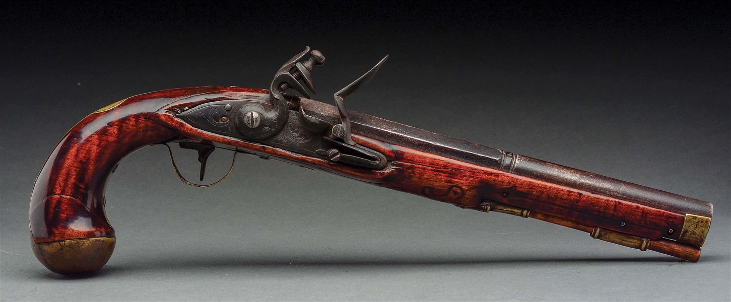 (A) FINE FLINTLOCK KENTUCKY FLINTLOCK PISTOL CARVED WITH INDIAN HEAD AND ATTRIBUTED TO JOHN MOLL OR PETER NEIHARDT.