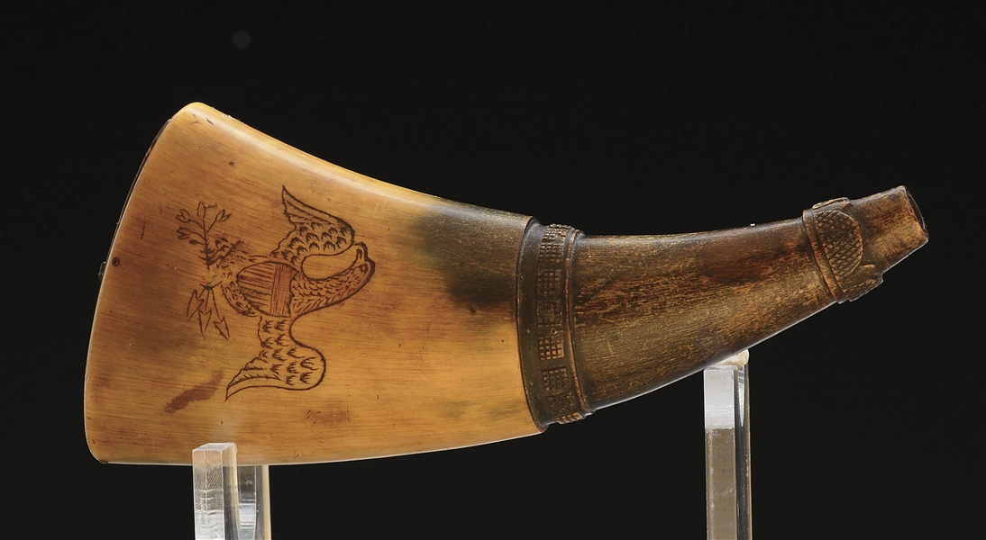 SMALL ENGRAVED POWDER HORN, FEATURING FEDERAL PATRIOTIC EAGLES.